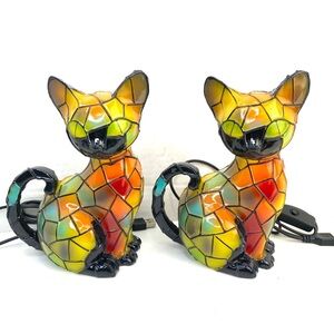 Stained Glass Cat Night Light Set USB Resin Acrylic Animal Table Lamp Warm Glow